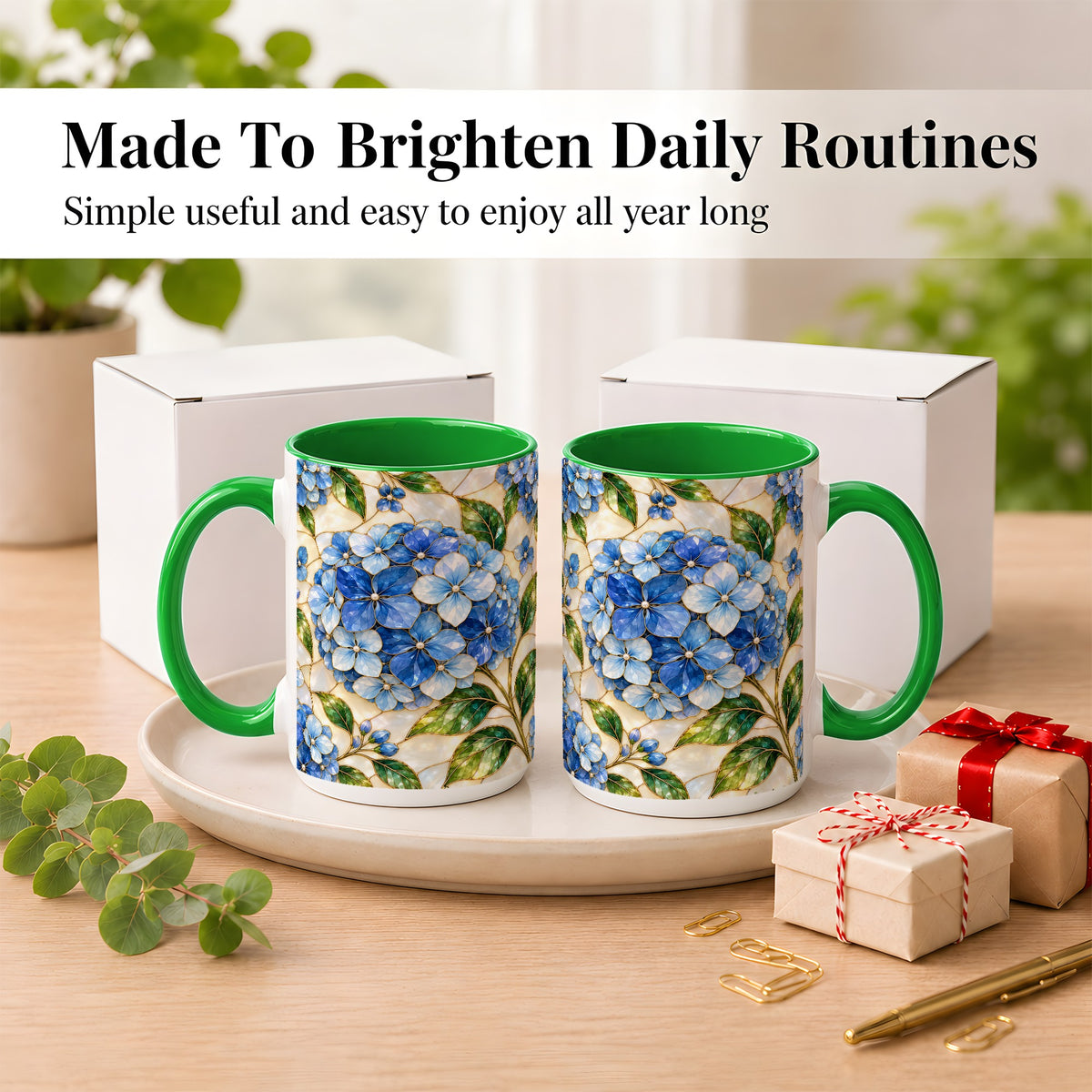 #pl[15oz|Green] Blue Hydrangea Mosaic Coffee Mug, Floral Art Mug, Ceramic Cup