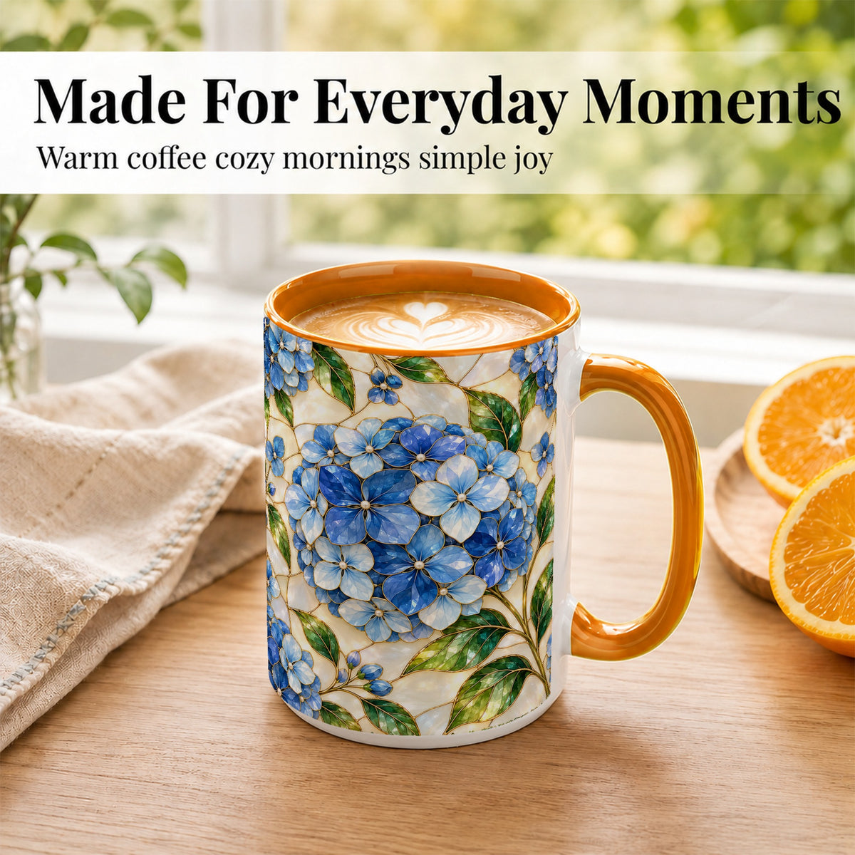 #pl[15oz|Orange] Blue Hydrangea Mosaic Coffee Mug, Floral Art Mug, Ceramic Cup