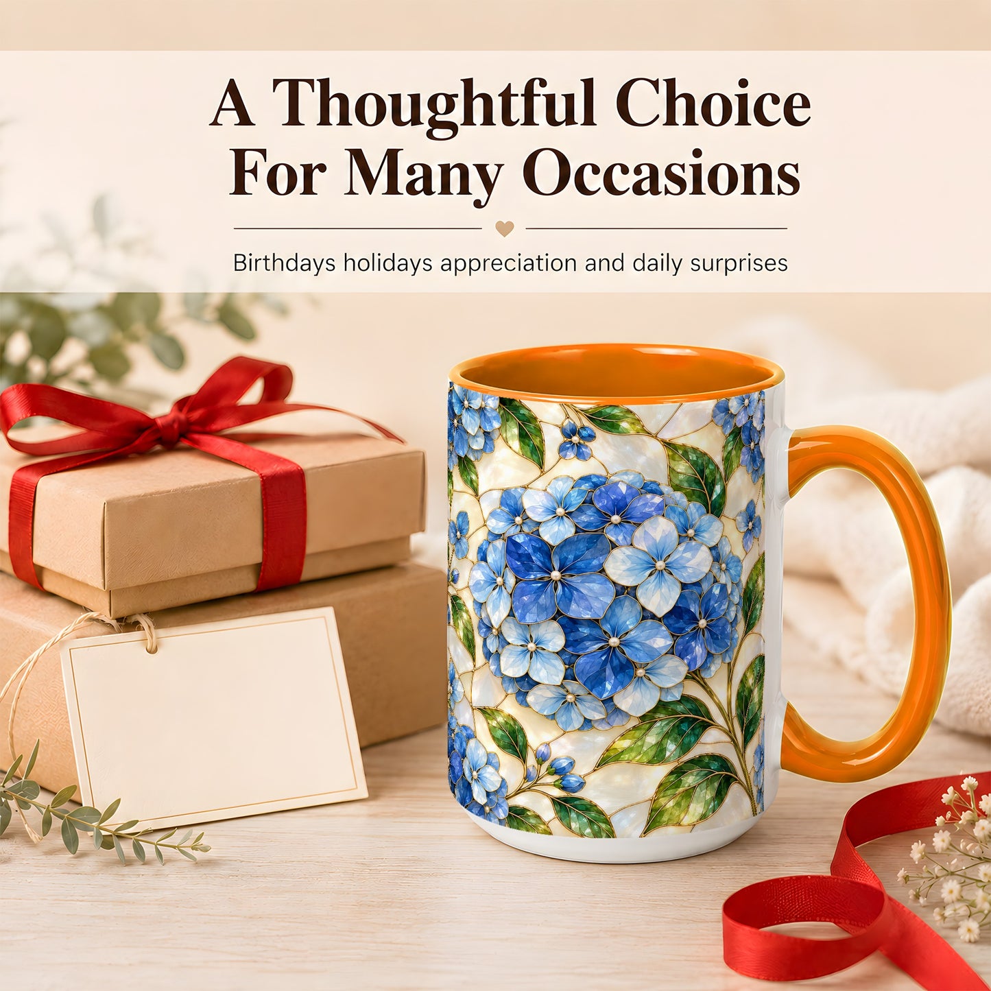 #pl[15oz|Orange] Blue Hydrangea Mosaic Coffee Mug, Floral Art Mug, Ceramic Cup