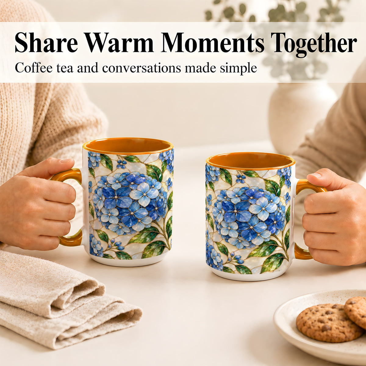 #pl[15oz|Orange] Blue Hydrangea Mosaic Coffee Mug, Floral Art Mug, Ceramic Cup