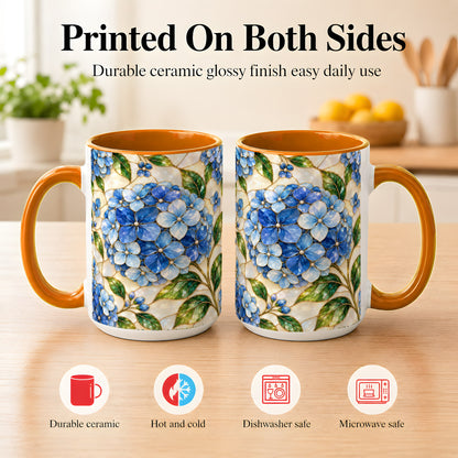 #pl[15oz|Orange] Blue Hydrangea Mosaic Coffee Mug, Floral Art Mug, Ceramic Cup