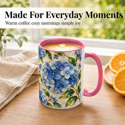 #pl[15oz|Pink] Blue Hydrangea Mosaic Coffee Mug, Floral Art Mug, Ceramic Cup