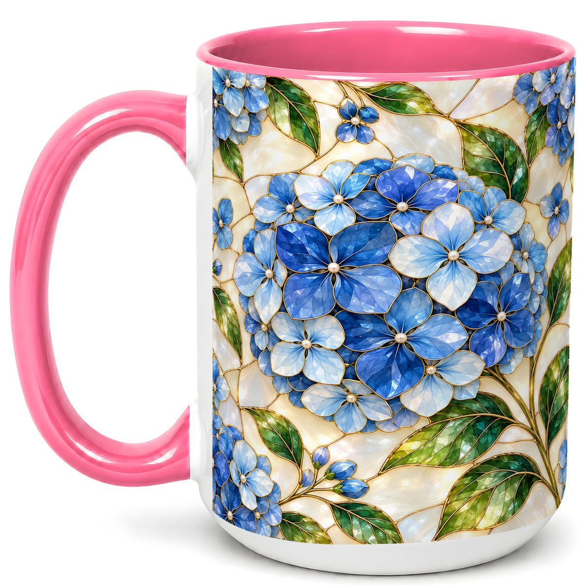 #pl[15oz|Pink] Blue Hydrangea Mosaic Coffee Mug, Floral Art Mug, Ceramic Cup