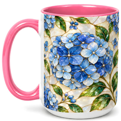 #pl[15oz|Pink] Blue Hydrangea Mosaic Coffee Mug, Floral Art Mug, Ceramic Cup