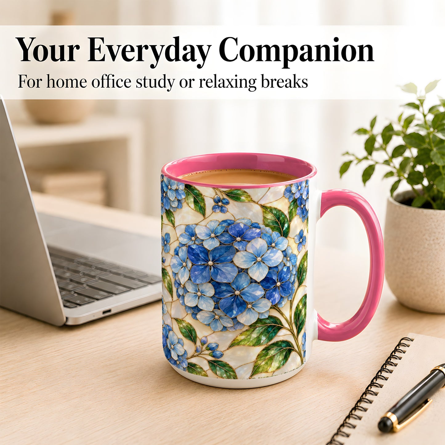 #pl[15oz|Pink] Blue Hydrangea Mosaic Coffee Mug, Floral Art Mug, Ceramic Cup