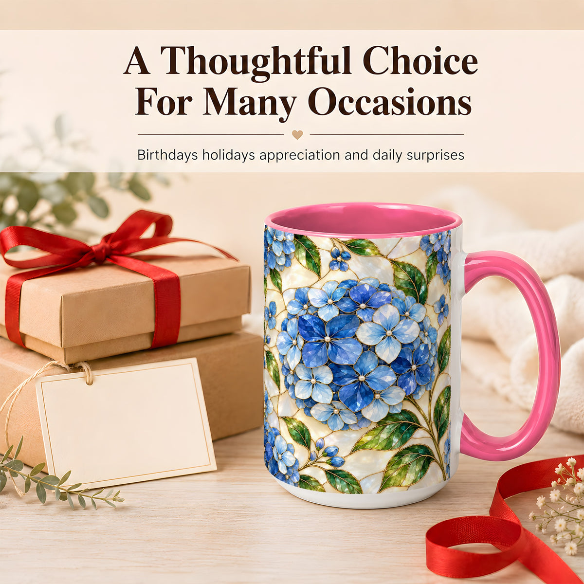#pl[15oz|Pink] Blue Hydrangea Mosaic Coffee Mug, Floral Art Mug, Ceramic Cup