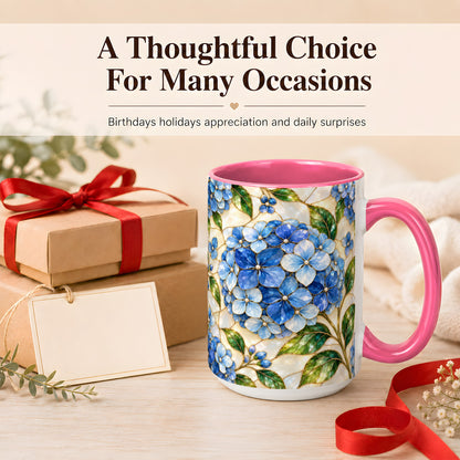 #pl[15oz|Pink] Blue Hydrangea Mosaic Coffee Mug, Floral Art Mug, Ceramic Cup