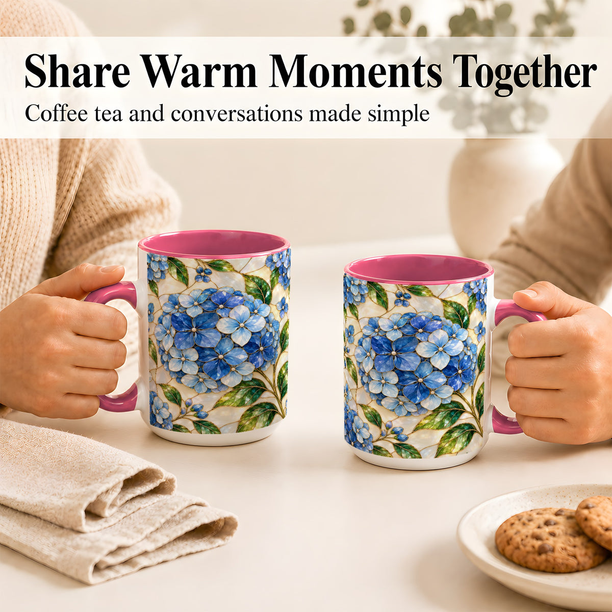 #pl[15oz|Pink] Blue Hydrangea Mosaic Coffee Mug, Floral Art Mug, Ceramic Cup