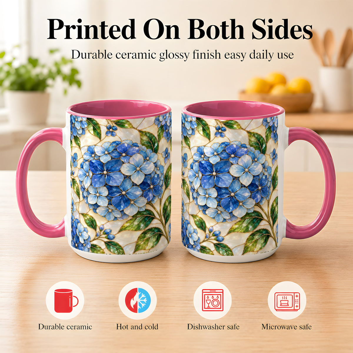 #pl[15oz|Pink] Blue Hydrangea Mosaic Coffee Mug, Floral Art Mug, Ceramic Cup