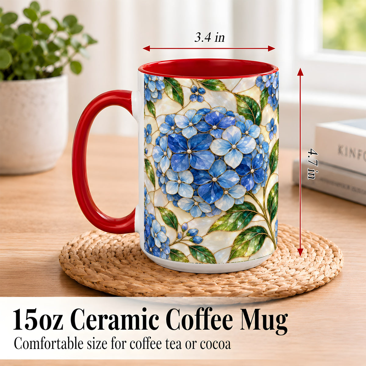 #pl[15oz|Red] Blue Hydrangea Mosaic Coffee Mug, Floral Art Mug, Ceramic Cup