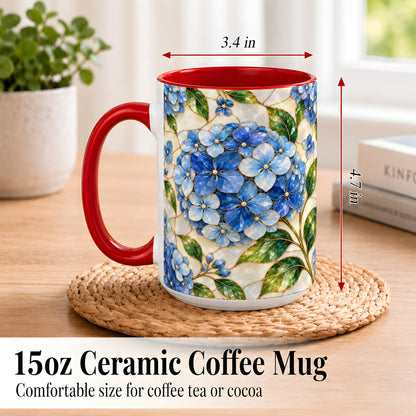 #pl[15oz|Red] Blue Hydrangea Mosaic Coffee Mug, Floral Art Mug, Ceramic Cup