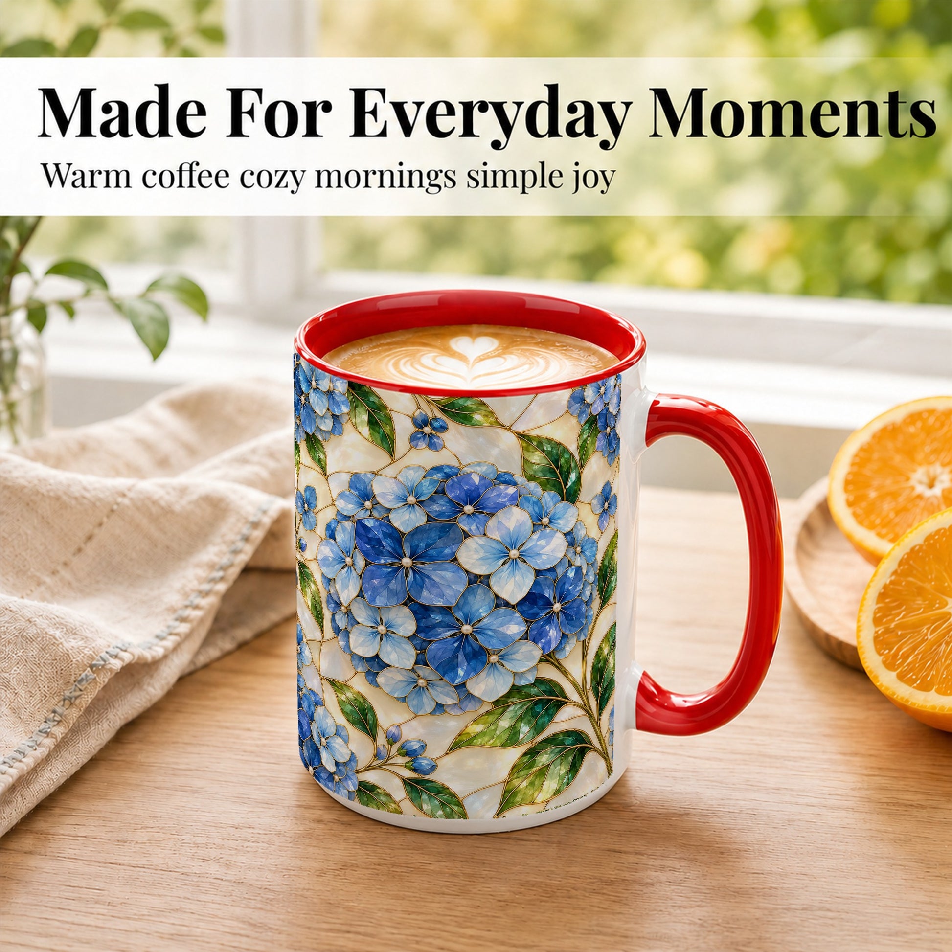 #pl[15oz|Red] Blue Hydrangea Mosaic Coffee Mug, Floral Art Mug, Ceramic Cup