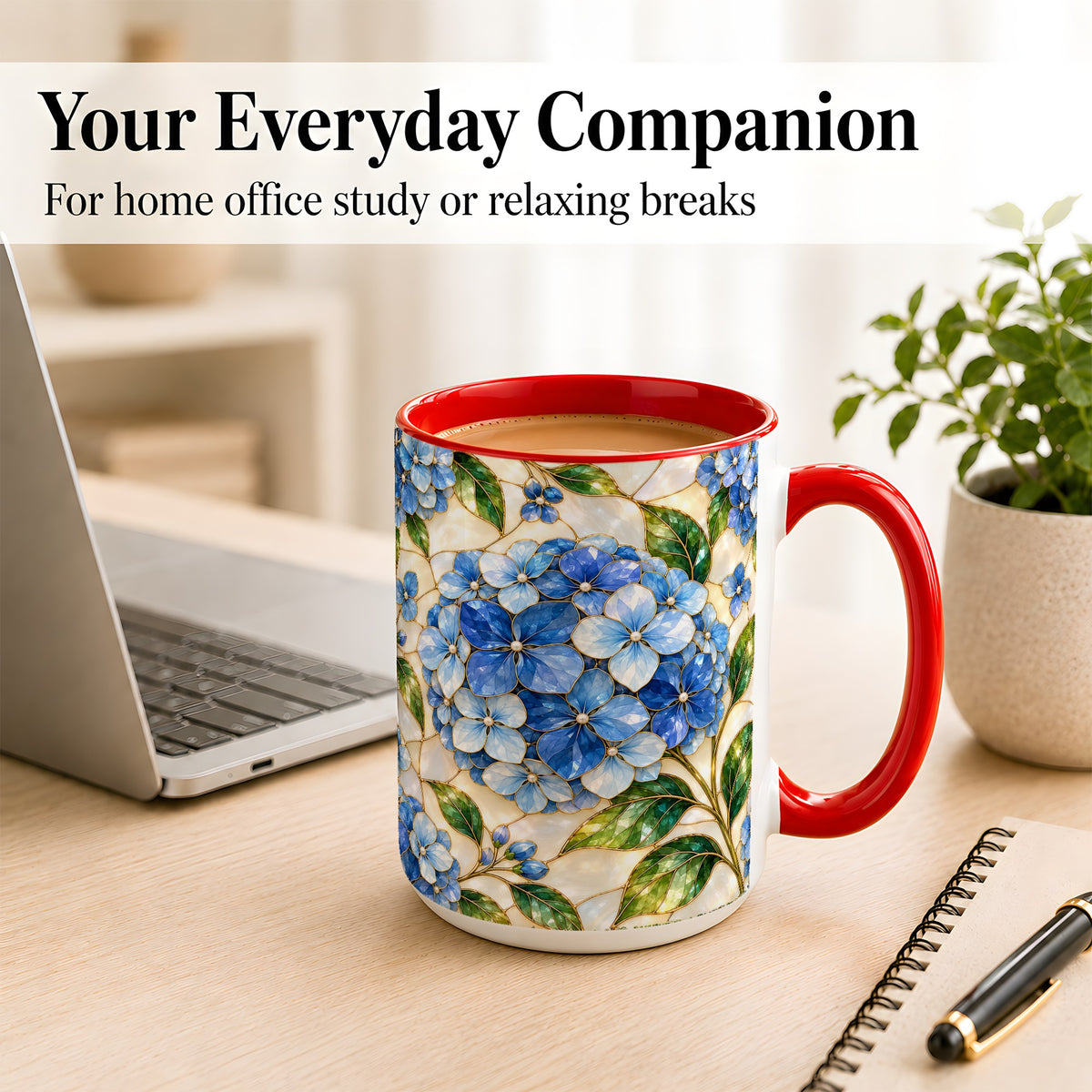 #pl[15oz|Red] Blue Hydrangea Mosaic Coffee Mug, Floral Art Mug, Ceramic Cup