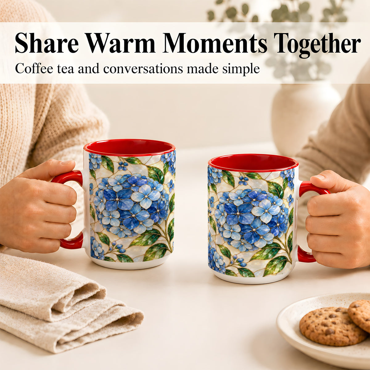 #pl[15oz|Red] Blue Hydrangea Mosaic Coffee Mug, Floral Art Mug, Ceramic Cup
