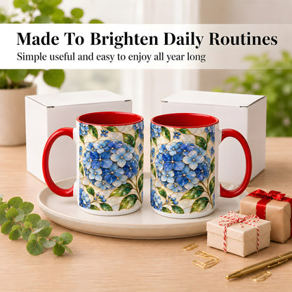 #pl[15oz|Red] Blue Hydrangea Mosaic Coffee Mug, Floral Art Mug, Ceramic Cup