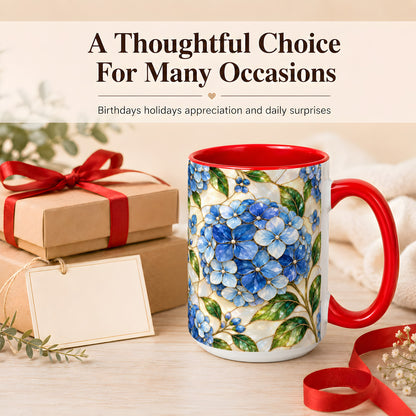#pl[15oz|Red] Blue Hydrangea Mosaic Coffee Mug, Floral Art Mug, Ceramic Cup
