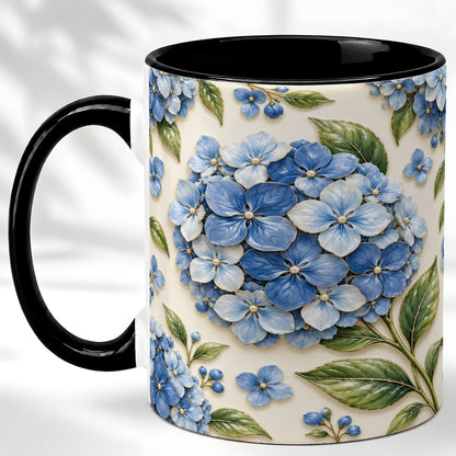 #pl[11oz|Black] Blue Hydrangea Coffee Mug, Botanical Floral Mug, Ceramic Cup