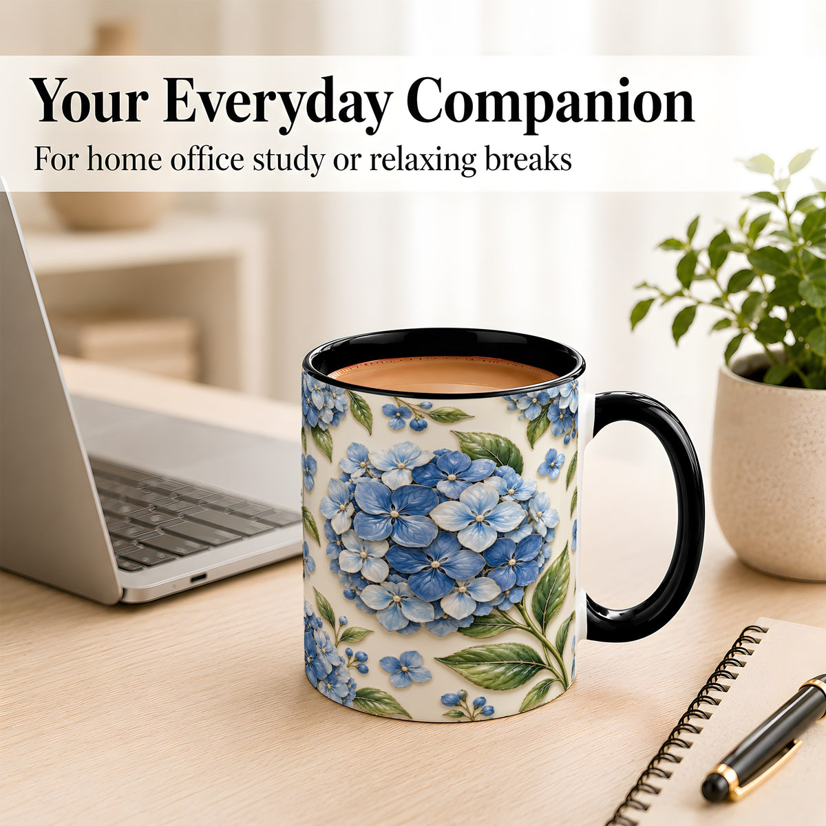 #pl[11oz|Black] Blue Hydrangea Coffee Mug, Botanical Floral Mug, Ceramic Cup