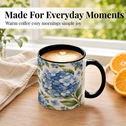 #pl[11oz|Black] Blue Hydrangea Coffee Mug, Botanical Floral Mug, Ceramic Cup