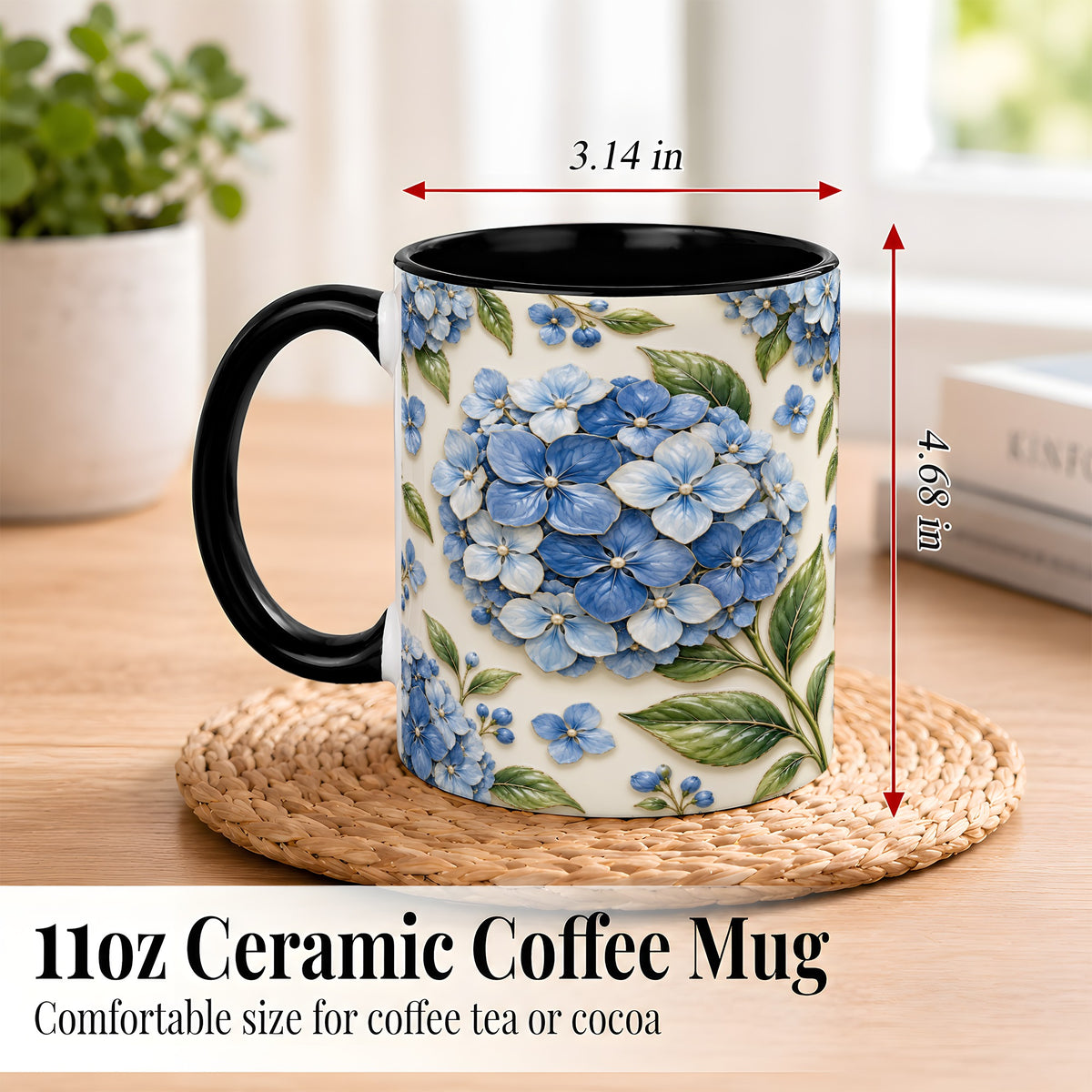 #pl[11oz|Black] Blue Hydrangea Coffee Mug, Botanical Floral Mug, Ceramic Cup