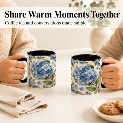 #pl[11oz|Black] Blue Hydrangea Coffee Mug, Botanical Floral Mug, Ceramic Cup
