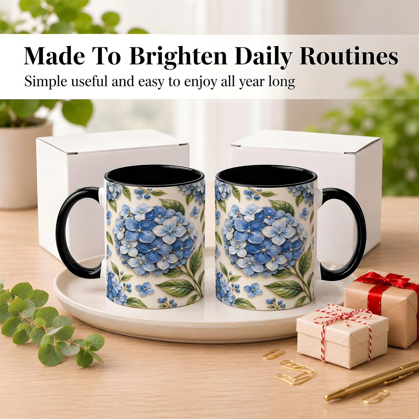 #pl[11oz|Black] Blue Hydrangea Coffee Mug, Botanical Floral Mug, Ceramic Cup