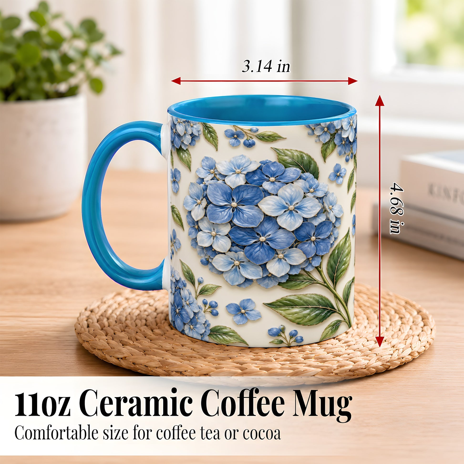 #pl[11oz|Blue] Blue Hydrangea Coffee Mug, Botanical Floral Mug, Ceramic Cup