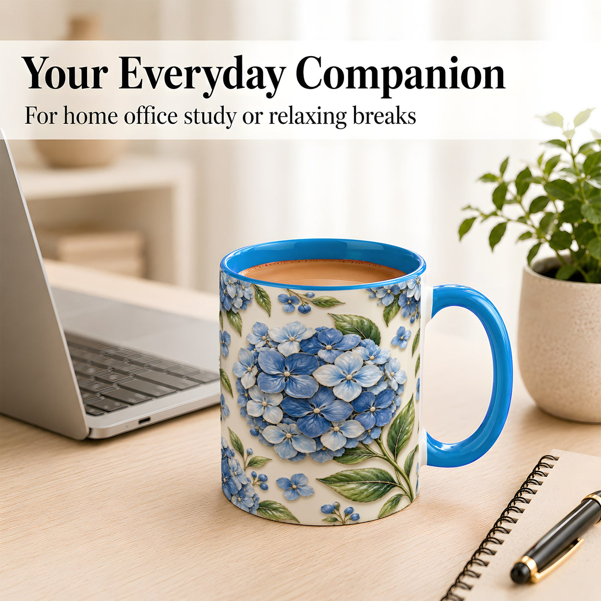 #pl[11oz|Blue] Blue Hydrangea Coffee Mug, Botanical Floral Mug, Ceramic Cup