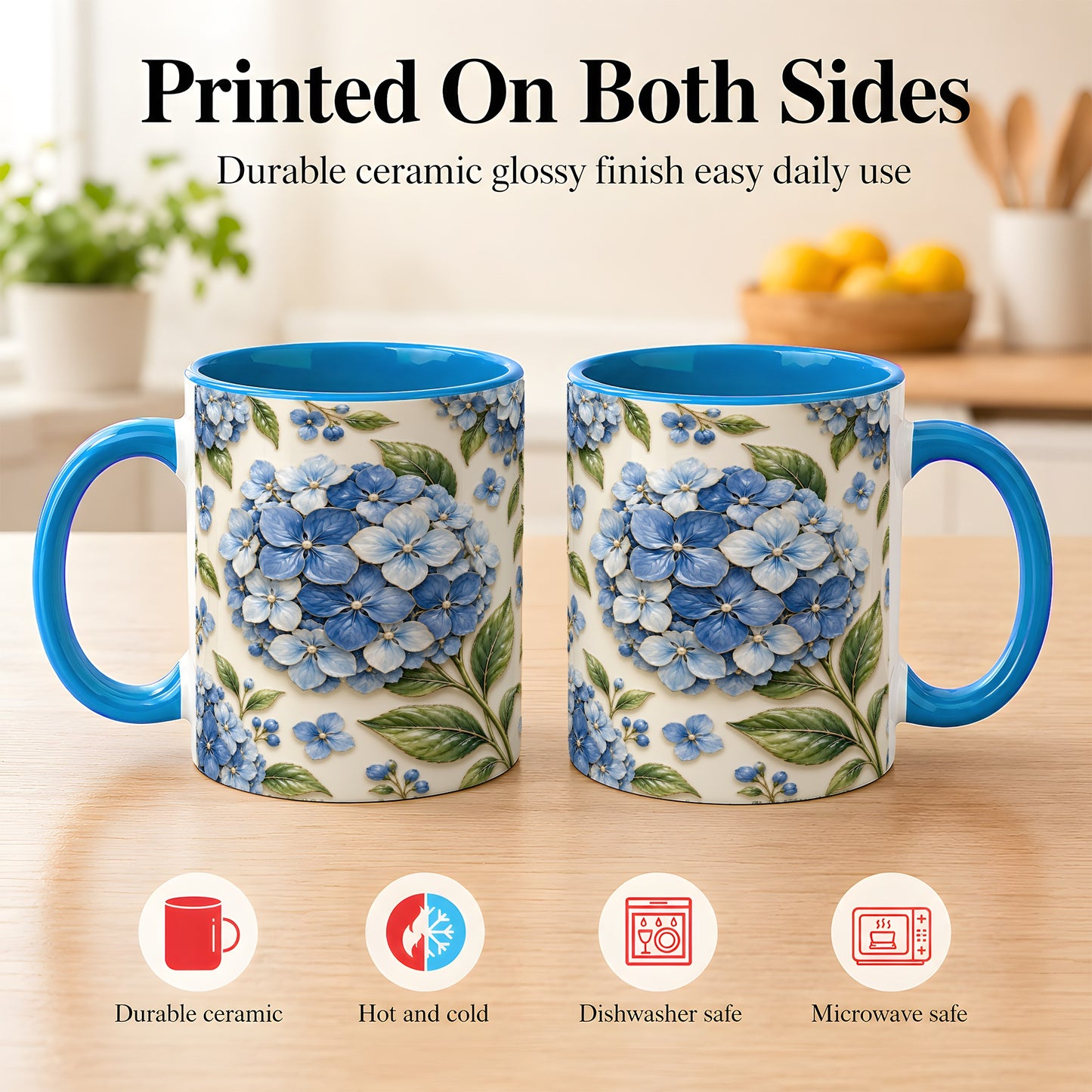 #pl[11oz|Blue] Blue Hydrangea Coffee Mug, Botanical Floral Mug, Ceramic Cup