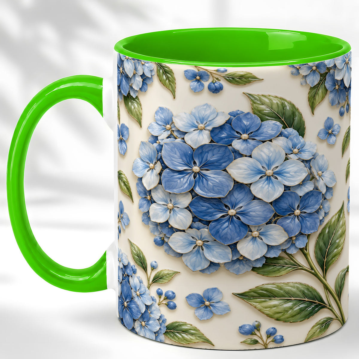 #pl[11oz|Green] Blue Hydrangea Coffee Mug, Botanical Floral Mug, Ceramic Cup