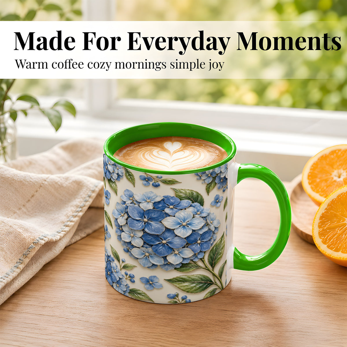 #pl[11oz|Green] Blue Hydrangea Coffee Mug, Botanical Floral Mug, Ceramic Cup
