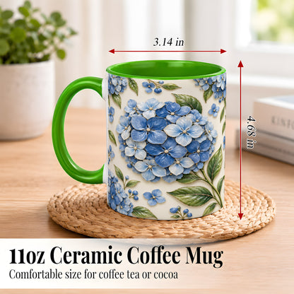 #pl[11oz|Green] Blue Hydrangea Coffee Mug, Botanical Floral Mug, Ceramic Cup