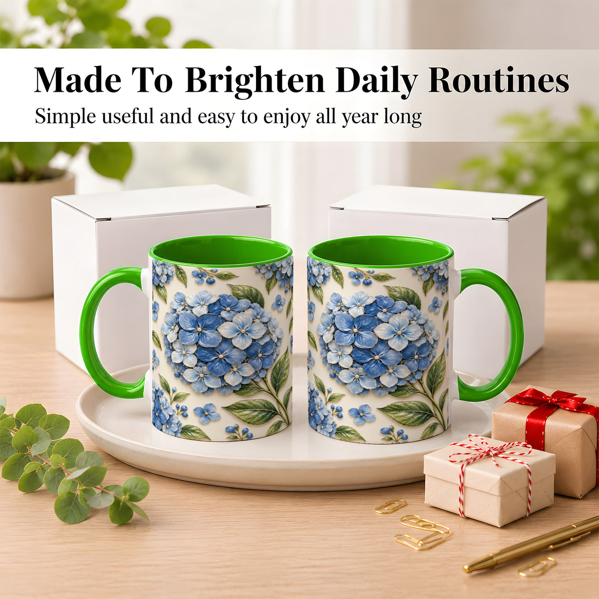 #pl[11oz|Green] Blue Hydrangea Coffee Mug, Botanical Floral Mug, Ceramic Cup