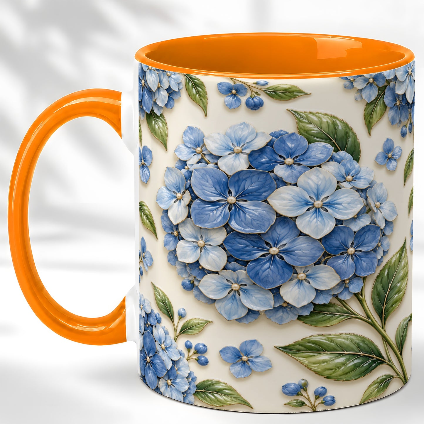 #pl[11oz|Orange] Blue Hydrangea Coffee Mug, Botanical Floral Mug, Ceramic Cup