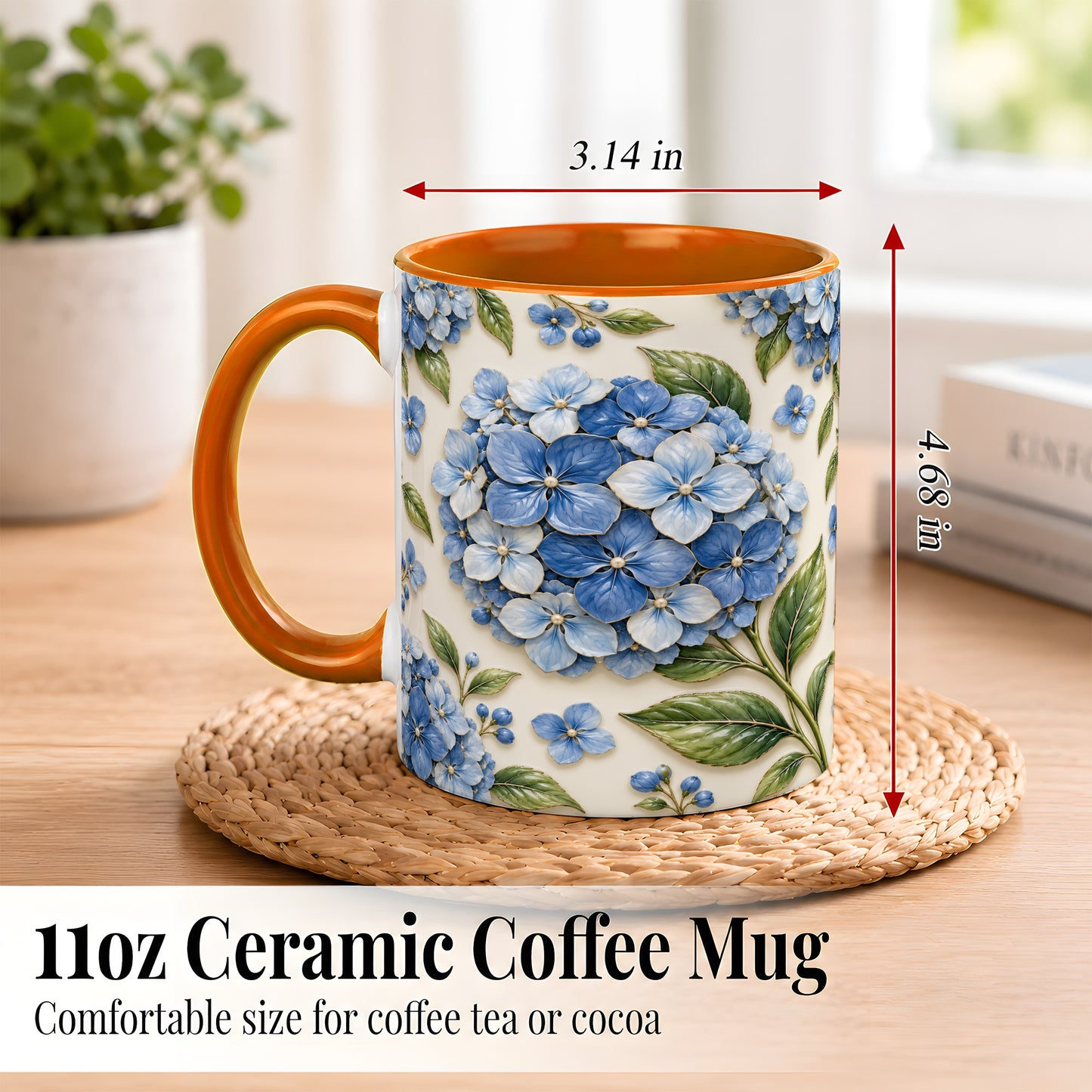 #pl[11oz|Orange] Blue Hydrangea Coffee Mug, Botanical Floral Mug, Ceramic Cup