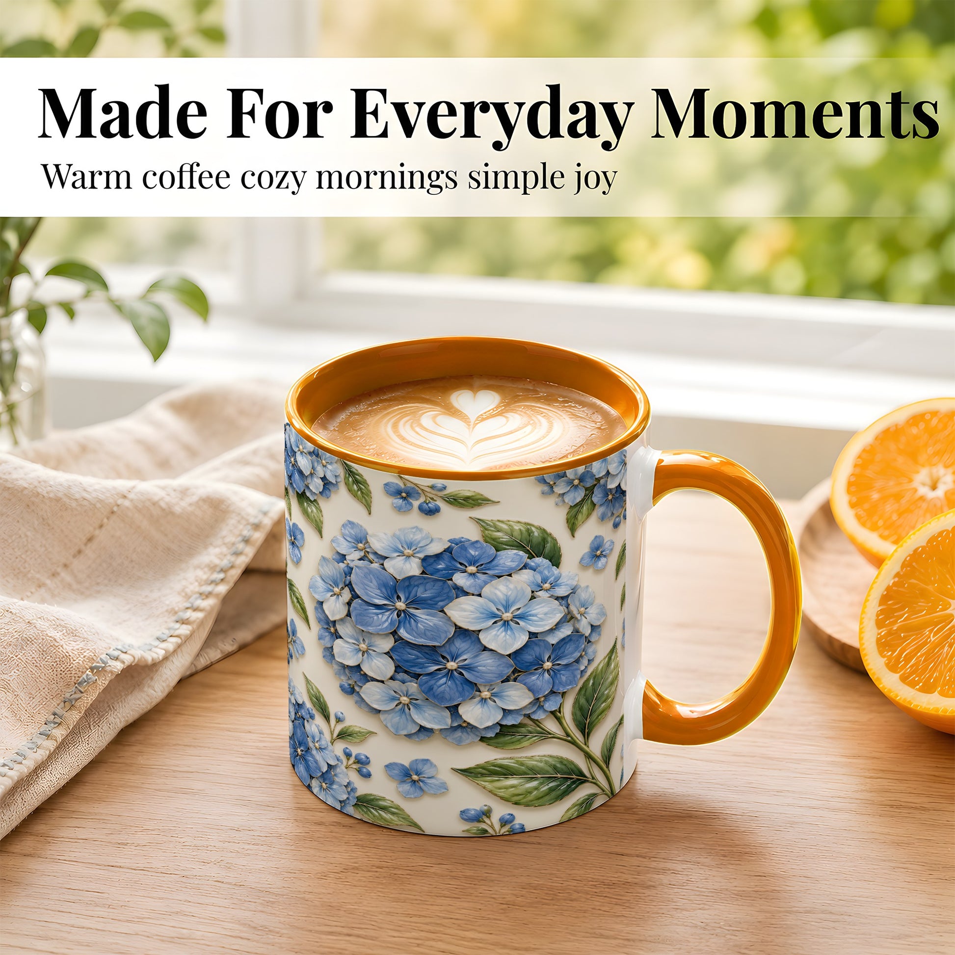 #pl[11oz|Orange] Blue Hydrangea Coffee Mug, Botanical Floral Mug, Ceramic Cup