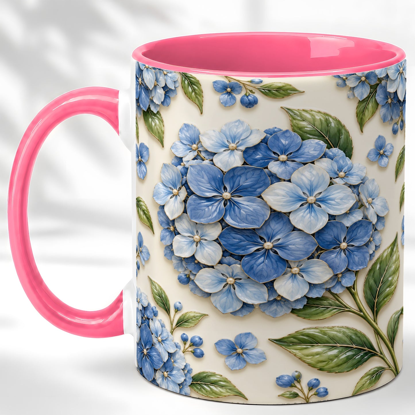 #pl[11oz|Pink] Blue Hydrangea Coffee Mug, Botanical Floral Mug, Ceramic Cup