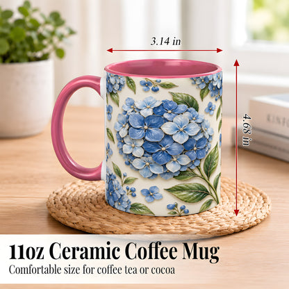 #pl[11oz|Pink] Blue Hydrangea Coffee Mug, Botanical Floral Mug, Ceramic Cup