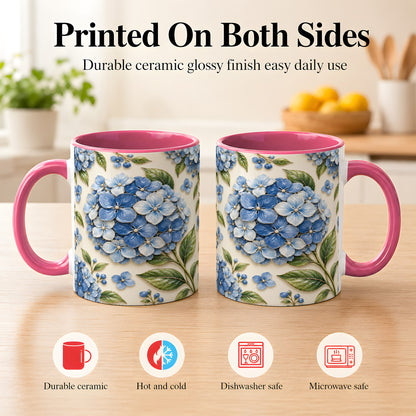 #pl[11oz|Pink] Blue Hydrangea Coffee Mug, Botanical Floral Mug, Ceramic Cup
