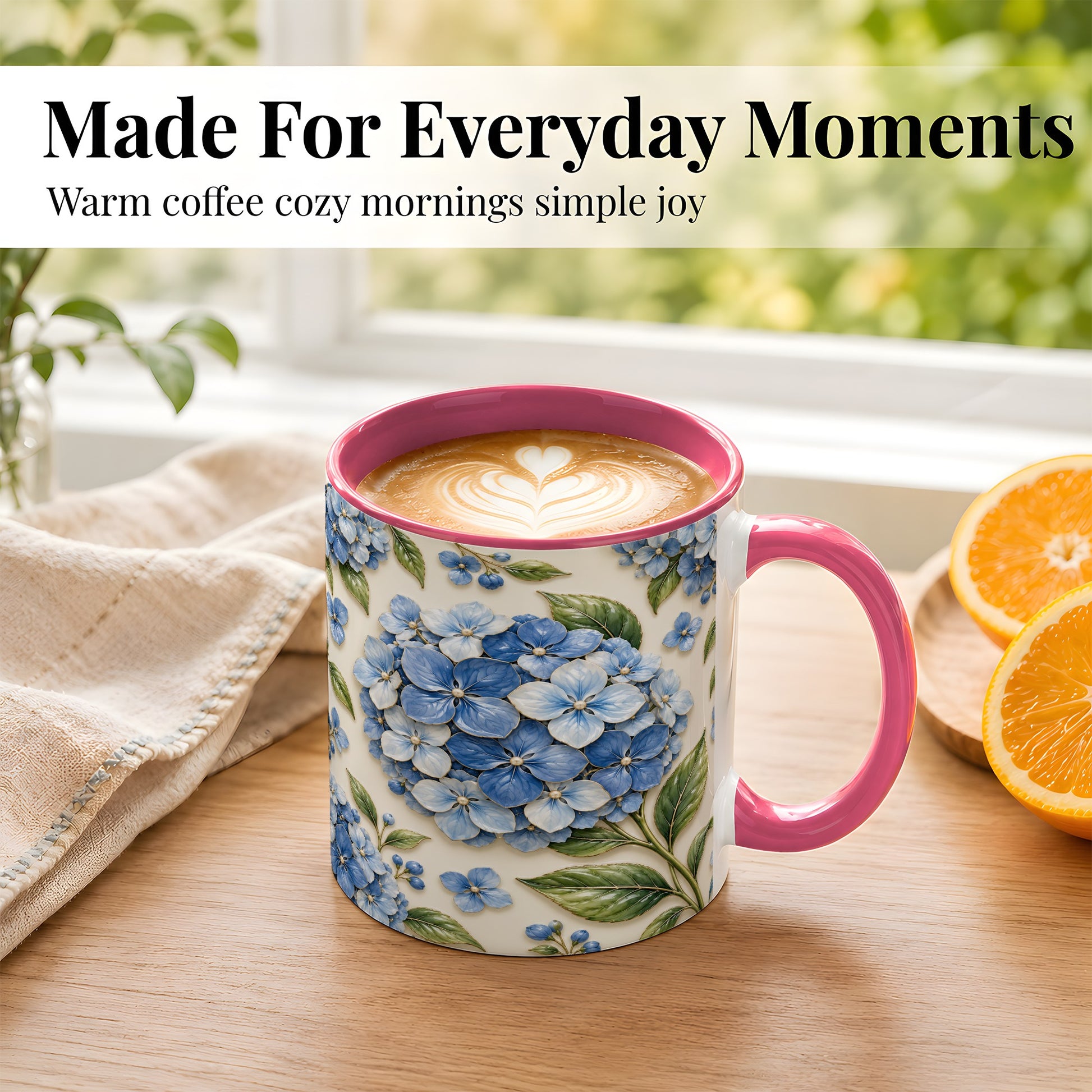 #pl[11oz|Pink] Blue Hydrangea Coffee Mug, Botanical Floral Mug, Ceramic Cup