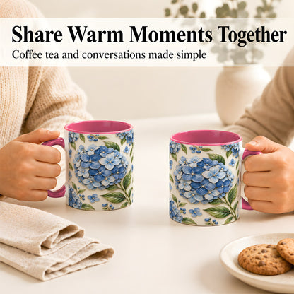 #pl[11oz|Pink] Blue Hydrangea Coffee Mug, Botanical Floral Mug, Ceramic Cup