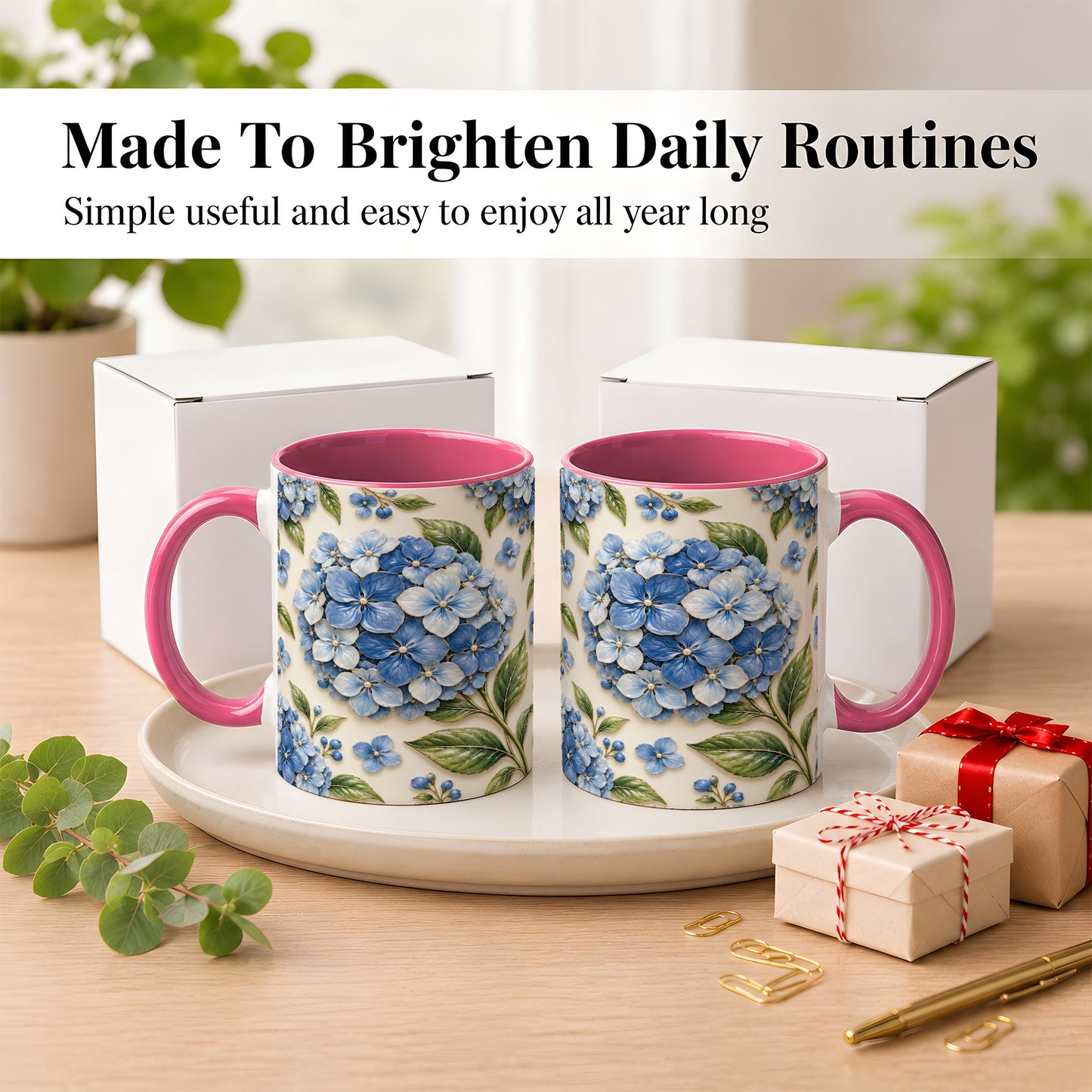 #pl[11oz|Pink] Blue Hydrangea Coffee Mug, Botanical Floral Mug, Ceramic Cup