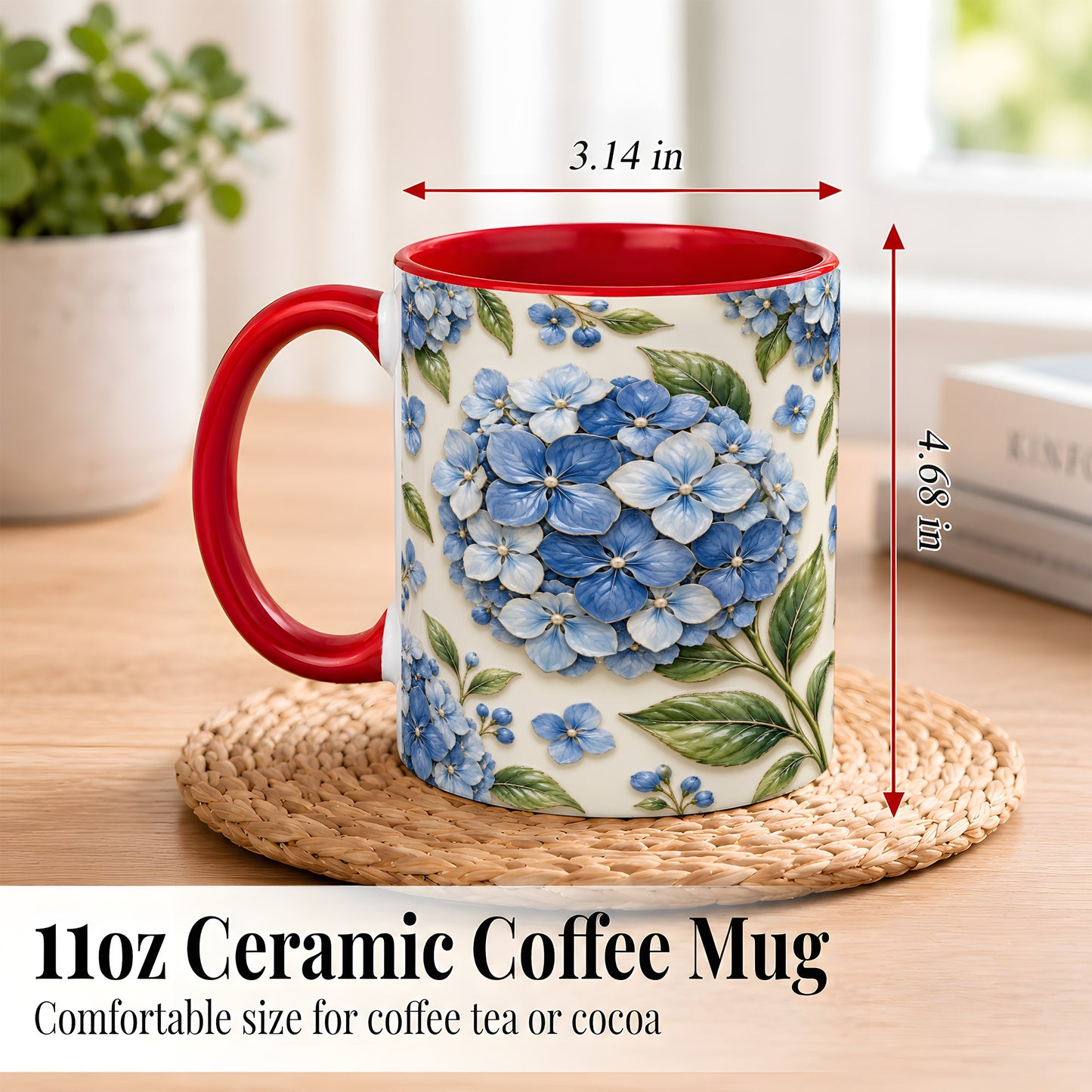 #pl[11oz|Red] Blue Hydrangea Coffee Mug, Botanical Floral Mug, Ceramic Cup