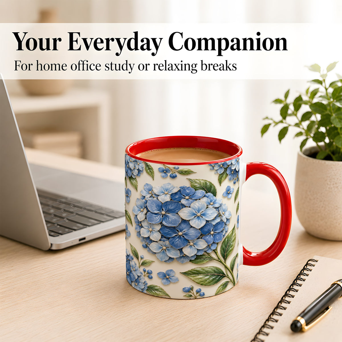 #pl[11oz|Red] Blue Hydrangea Coffee Mug, Botanical Floral Mug, Ceramic Cup