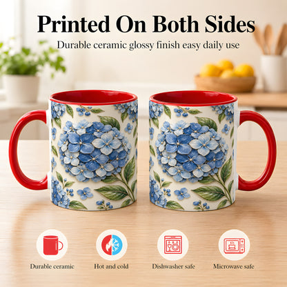 #pl[11oz|Red] Blue Hydrangea Coffee Mug, Botanical Floral Mug, Ceramic Cup