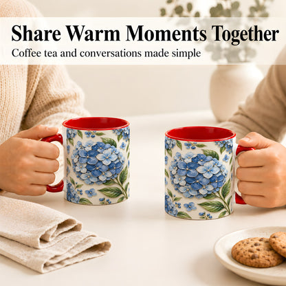 #pl[11oz|Red] Blue Hydrangea Coffee Mug, Botanical Floral Mug, Ceramic Cup