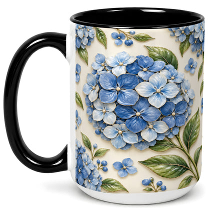 #pl[15oz|Black] Blue Hydrangea Coffee Mug, Botanical Floral Mug, Ceramic Cup