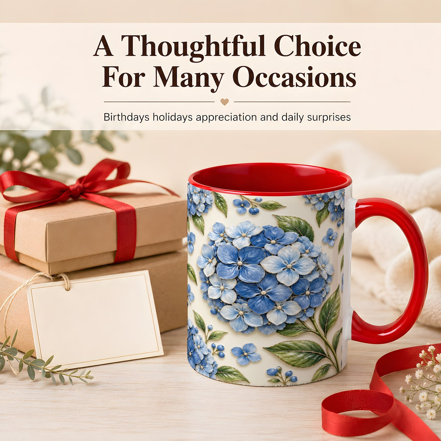 #pl[11oz|Red] Blue Hydrangea Coffee Mug, Botanical Floral Mug, Ceramic Cup