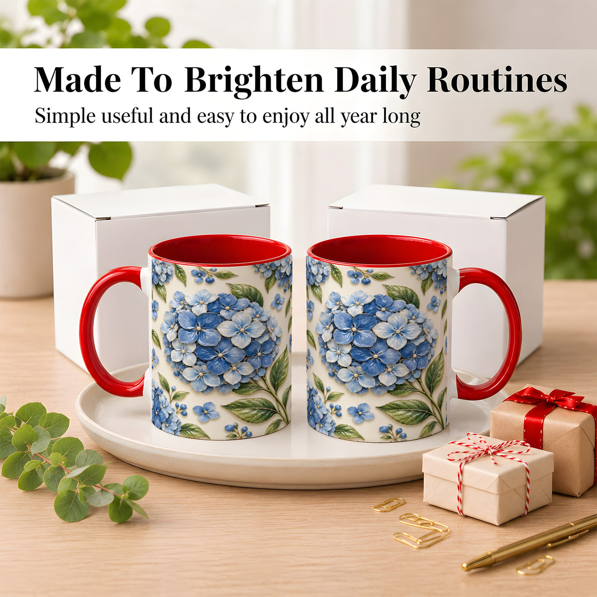#pl[11oz|Red] Blue Hydrangea Coffee Mug, Botanical Floral Mug, Ceramic Cup