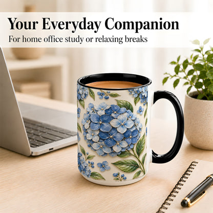 #pl[15oz|Black] Blue Hydrangea Coffee Mug, Botanical Floral Mug, Ceramic Cup